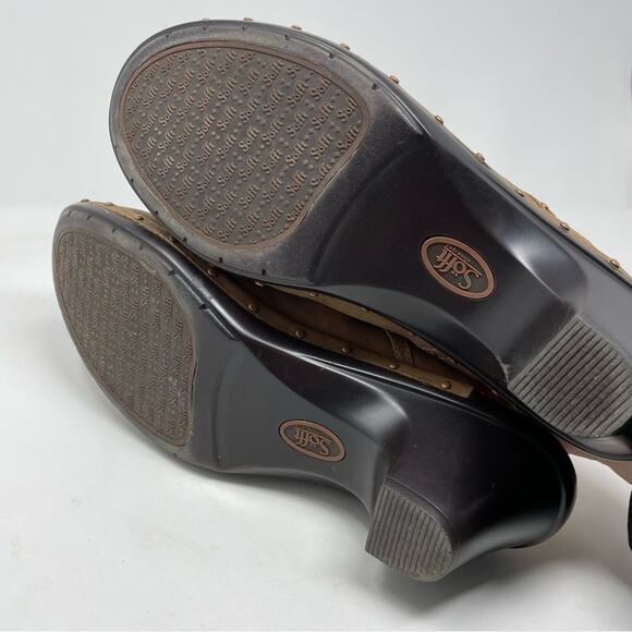 Sofft Tan Suede Nubuck leather copper stud heeled clogs mules neutral womens 9.5 - Picture 9 of 11